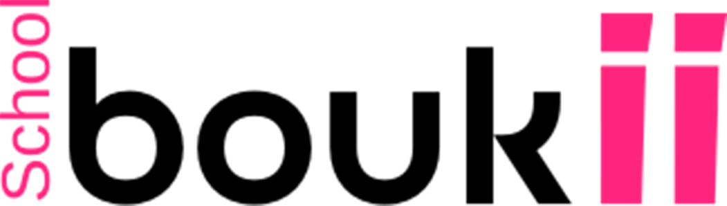 Logo Boukii School Schwarze und rosa Buchstaben.